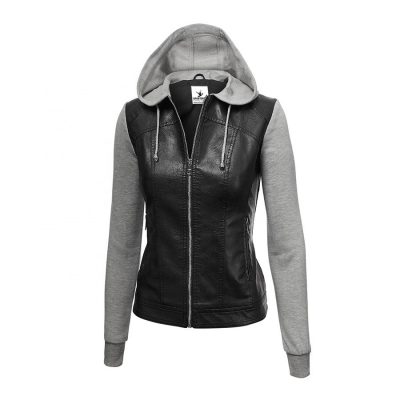 Custom Faux Leather Zip up xxxxl Biker Jacket With Hoodie for Women Sportsfore