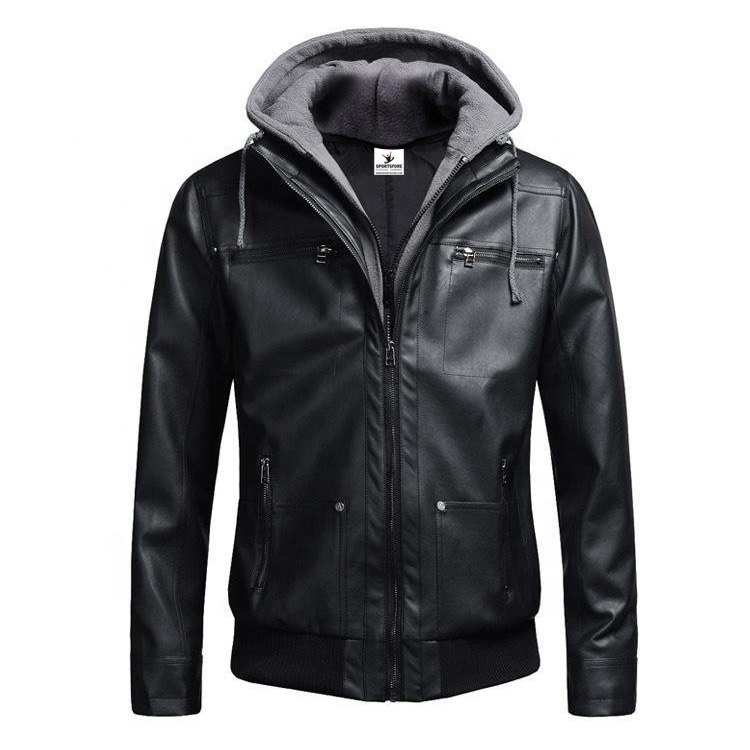 Detachable Hooded Biker Genuine Leather Jacket for Men