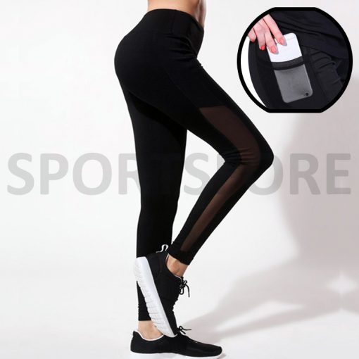 Women's Compression Yoga Fitness Sports Workout Mesh Panel High Waisted Black Pocket Leggings Sportsfore