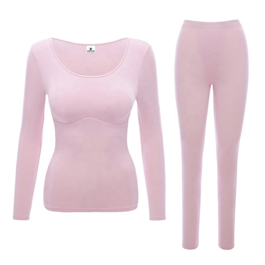 Womens thermal underwear set with built-in bra chest pad tops