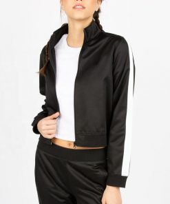 Trendy Fashion Side Stripe Zip up Winter Sports Crop Black Jacket for Ladies Sportsfore