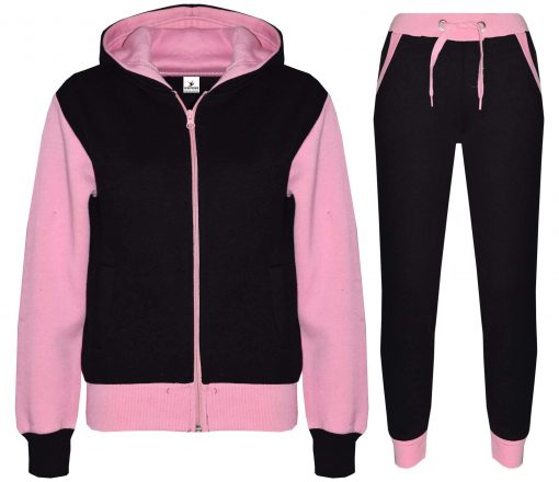 Custom Kids Plain Pink Contrast Fleece Hooded Top Bottom Jogging Tracksuit Set for Girls Sportsfore