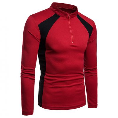 Custom New Fashion Trendy Color Spliced Zip Stand Collar Long Sleeve Tshirts for Men Sportsfore