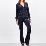 Women Custom Cheap Plain Blank Blue Velour Tracksuit with Hoodie Sportsfore
