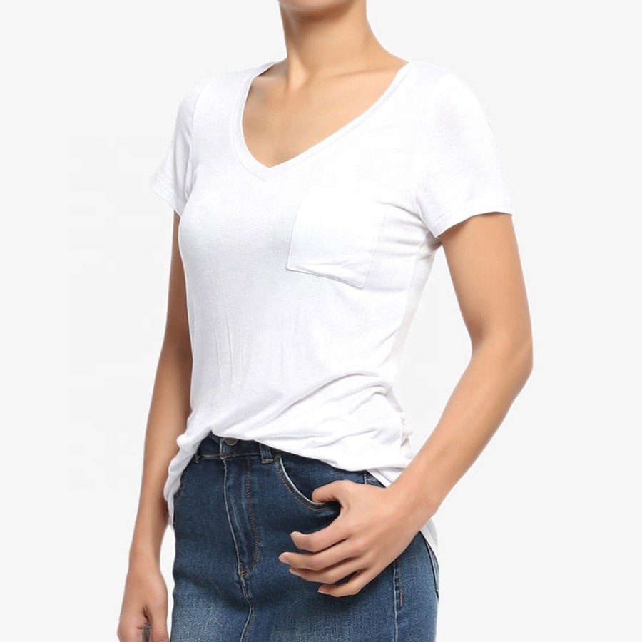 Women's Short Sleeve Loose Fit V Neck Plain Blank White T shirt with Pocket