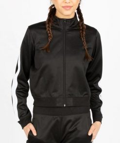 Trendy Fashion Side Stripe Zip up Winter Sports Crop Black Jacket for Ladies Sportsfore