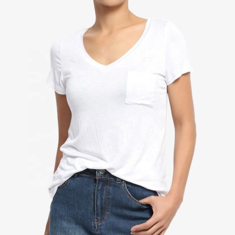 Women's Short Sleeve Loose Fit V Neck Plain Blank White T shirt with Pocket