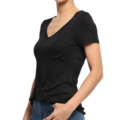 Women's Short Sleeve Loose Fit V Neck Plain Blank White T shirt with Pocket Sportsfore