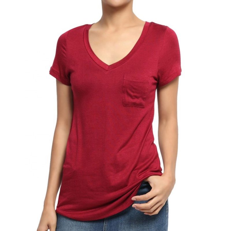 Women's Short Sleeve Loose Fit V Neck Plain Blank White T shirt with Pocket