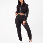 Ladies New Fashion 2 Pieces Loungewear Fleece Jogger Zip Crop Hooded Jacket Tracksuit Set Sportsfore