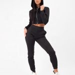 Ladies New Fashion 2 Pieces Loungewear Fleece Jogger Zip Crop Hooded Jacket Tracksuit Set Sportsfore