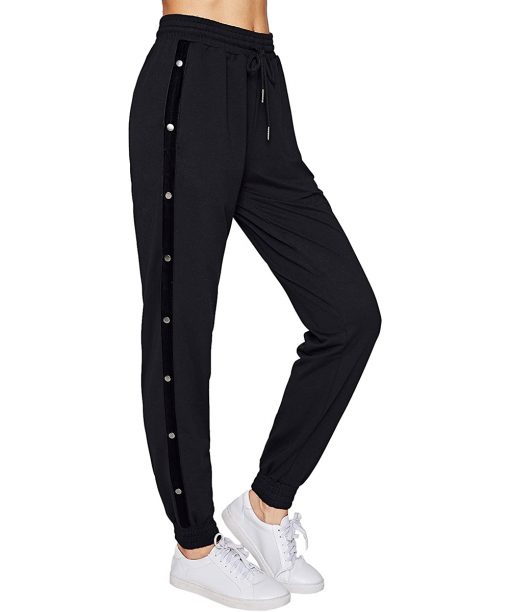 Stylish Side Buttons Drawstring Waist Casual Sports Workout Yoga Active Black Joggers for Women Sportsfore
