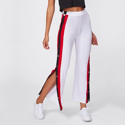 Women's Latest Fashion High Split Side Striped Buttons White Trouser Pants Sportsfore