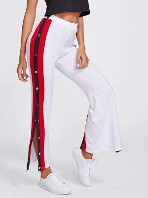 Women's Latest Fashion High Split Side Striped Buttons White Trouser Pants Sportsfore