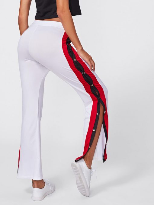Women's Latest Fashion High Split Side Striped Buttons White Trouser Pants Sportsfore