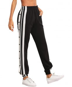 Women's Sporty Fashion High Split Side Striped Pocket Joggers Snap Button Pants & Trousers Sportsfore