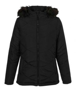 Black Puffer Jacket with Faux Fur Trim, 2 Pockets Removable Hood for Women