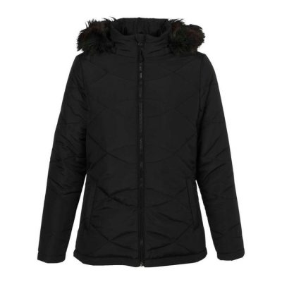 Black Puffer Jacket with Faux Fur Trim, 2 Pockets Removable Hood for Women