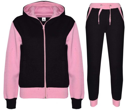 Custom Kids Plain Pink Contrast Fleece Hooded Top Bottom Jogging Tracksuit Set for Girls