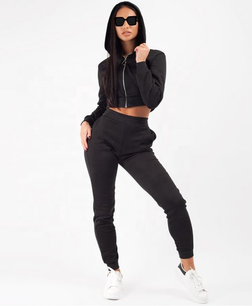 Ladies new fashion 2 Pieces loungewear fleece jogger zip crop hooded jacket tracksuit set