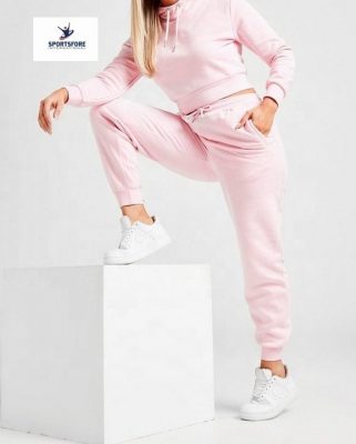 Luxury Pink Beautiful Soft Cotton Fleece Overhead Womens Crop Top Tracksuit