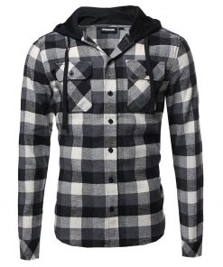 Mens Stylish Fitted Plaid Attachable Hoodie Flannel Shirts