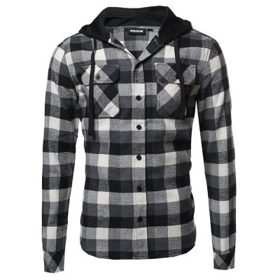 Mens Stylish Fitted Plaid Attachable Hoodie Flannel Shirts