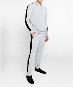 Mens custom white velour plain hoodie tracksuit with side stripes