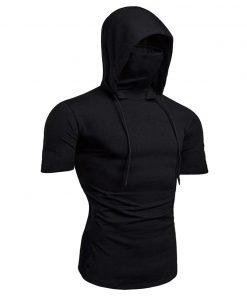 Mens hooded drawstring plus size short sleeve blank black t-shirts