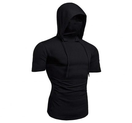 Mens hooded drawstring plus size short sleeve blank black t-shirts