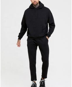 OEM Customized High Quality Men Jogging Sportswear Plain Black Hooded Tracksuit