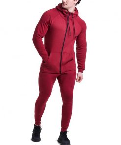 OEM Customized Red Fitted Zipper Hooded Men Sweatsuit