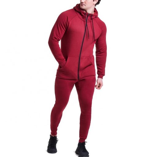 OEM Customized Red Fitted Zipper Hooded Men Sweatsuit