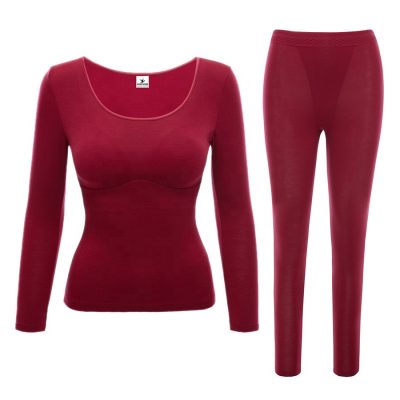 Women thermal lounge wear set with built-in bra chest pad tops