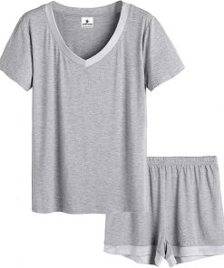 Womens Pajamas Short Sleeve V Neck Pjs Set with Pants / Cotton / Bamboo Fiber 95% Cotton 5% Spandex Custom 20 Pieces Plain Dyed