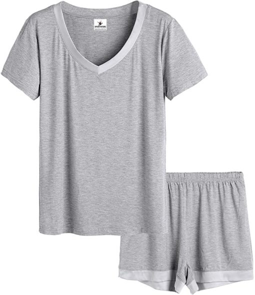 Womens Pajamas Short Sleeve V Neck Pjs Set with Pants / Cotton / Bamboo Fiber 95% Cotton 5% Spandex Custom 20 Pieces Plain Dyed