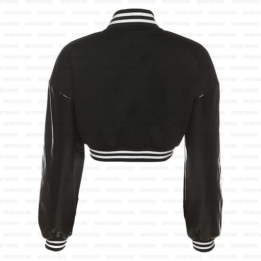 Women Cropped Leather Sleeve Varsity Jacket Colorblock Letterman Baseball Black Jacket Back