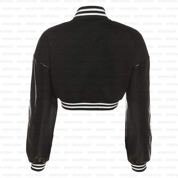 Women Cropped Leather Sleeve Varsity Letterman Baseball Black Jackets 8332