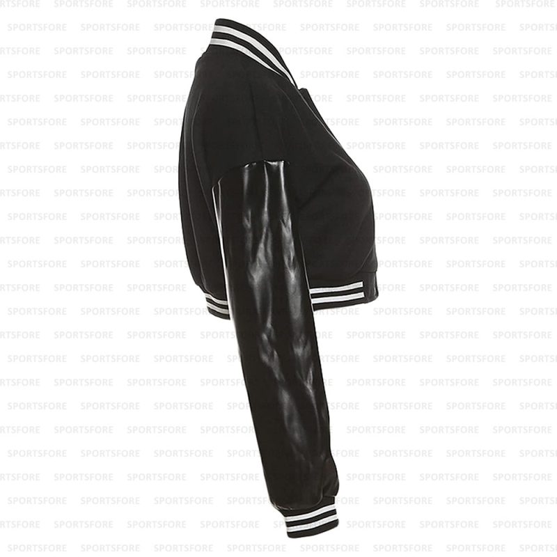 Women Cropped Leather Sleeve Varsity Letterman Baseball Black Jackets
