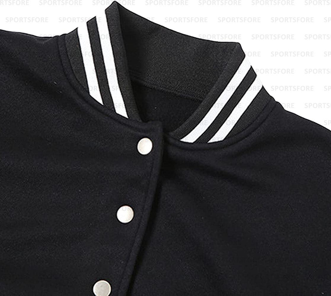 Women Cropped Leather Sleeve Varsity Jacket Colorblock Letterman Baseball Black Jacket Collar