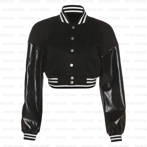 Women Cropped Leather Sleeve Varsity Jacket Colorblock Letterman Baseball Black Jacket